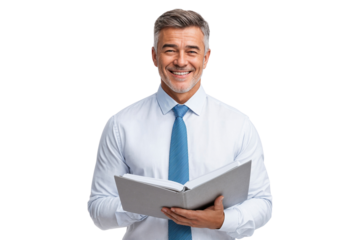 Smiling senior male lecturer wearing a shirt and tie, holding an open book, isolated on transparent background
