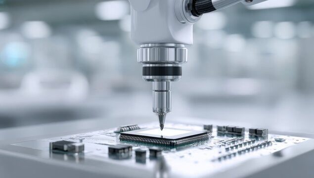 A minimalistic macro-style view of a sleek robotic tip hovering precisely over a clean, white PCB. The board is populated with minimalist micro-components and the background