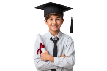 Happy young boy graduate holding diploma, symbol of success, achievement, and future education. Isolated on transparent background