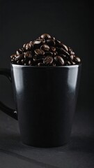 Dark mug overflowing with roasted coffee beans against a black backdrop