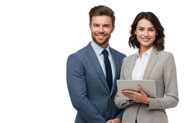 Two smiling, confident business partners or business people standing together and holding a tablet, isolated on transparent background