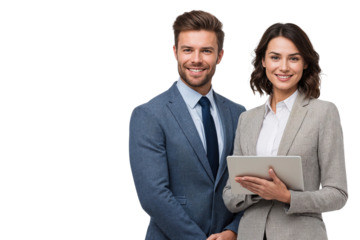 Two smiling, confident business partners or business people standing together and holding a tablet, isolated on transparent background