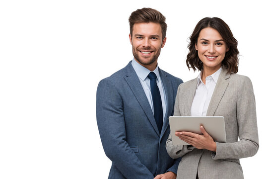 Two smiling, confident business partners or business people standing together and holding a tablet, isolated on transparent background - Powered by Adobe