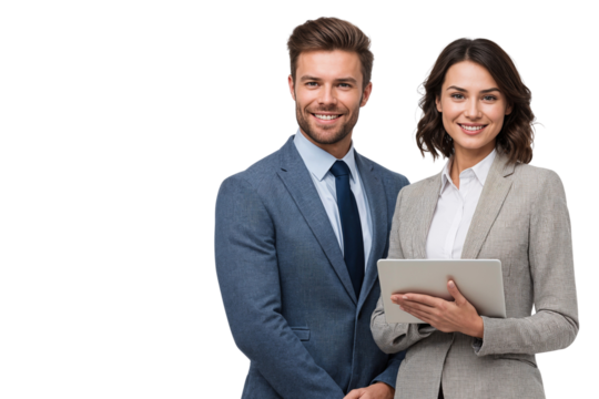 Two smiling, confident business partners or business people standing together and holding a tablet, isolated on transparent background