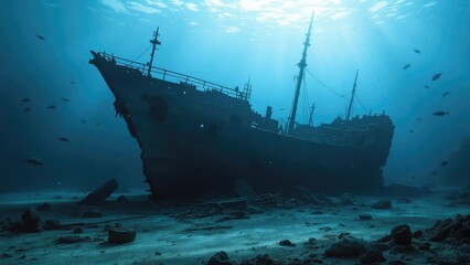 Sunken ship resting on the ocean floor with visible masts and surrounding fish in blue water