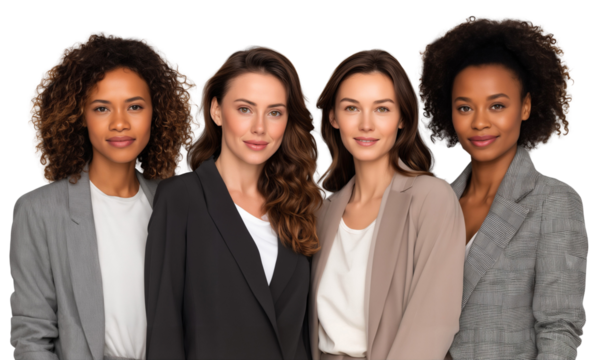 Diverse group of four confident businesswomen in blazers, standing together and looking at the camera, isolated on transparent background
