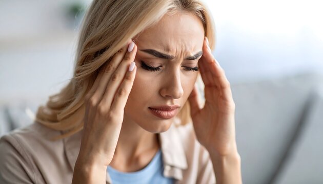 Close-up of a young woman with blonde hair experiencing a headache, massaging her temples with both hands