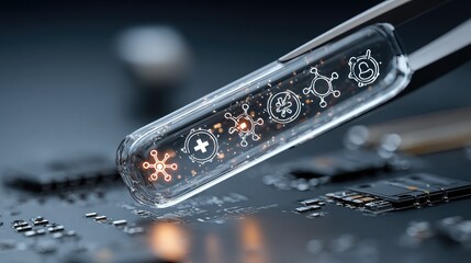 Miniature diagnostic lab chip held by tweezers, glowing icons above indicate real-time test results for multiple health markers, sterile lab background with high precision feel