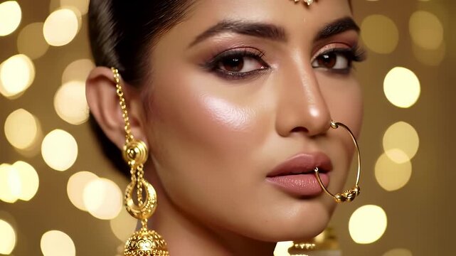 Close Up Portrait of a Woman with Gold Jewelry and Makeup on Gold Bokeh Background