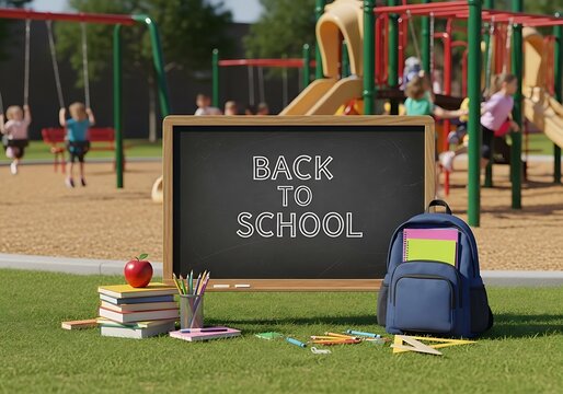 Back to school chalkboard with backpack, books, and apple on grass at a playground with kids playing