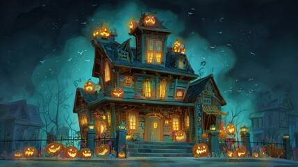 Fototapeta premium Spooky Halloween House with Jack o' lanterns at Night