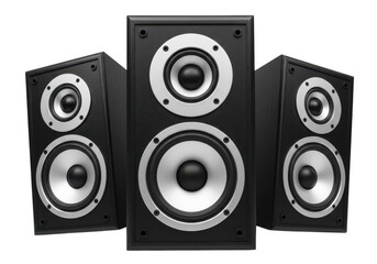 Three black audio speakers with white cones isolated on transparent background