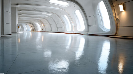 Obraz premium Futuristic corridor with curved white walls, large windows, and glossy floor, evoking clean, modern, and spacious starship interior