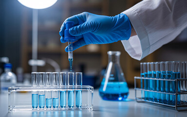 Scientist in lab coat and gloves adding blue liquid with pipette science laboratory