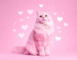 Fluffy pink cat sits on pink background, surrounded by hearts