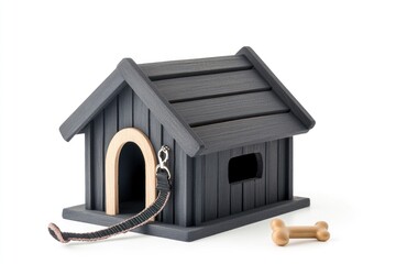 Dark gray wooden dog house with leash and bone on white background