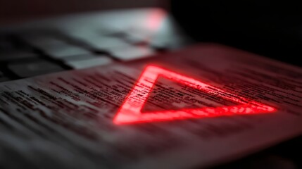 Close-up of a illuminated red triangle on a sheet of paper, with a blurred keyboard in the background, creating a dramatic, tech-inspired look.