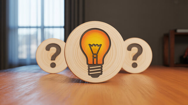 Three wooden circles with question marks and a glowing lightbulb in the center idea concept