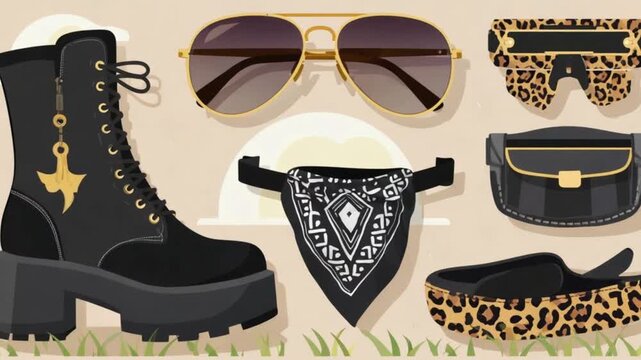 Stylish accessories including boots, sunglasses, and bandana set against a minimalist background
