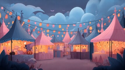 Enchanted Night Market Pink and Purple Stalls Under a Twilight Sky