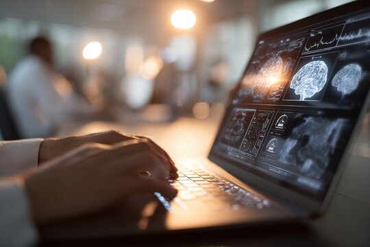 A person using their laptop to create an AI model with neural networks, featuring the screen showing images of brain.