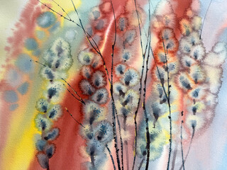 Pussy willow branches in colorful watercolor background