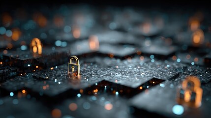 Quantum chip interface visualized with glowing encryption keys floating in layered holographic matrix, digital locks secure moving data threads against dark backdrop