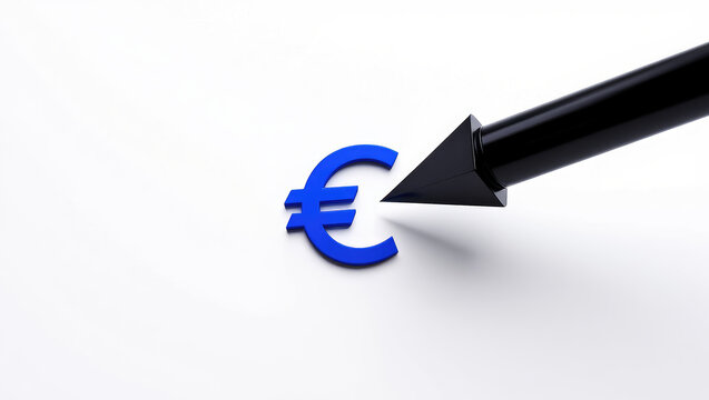 Economic Downturn A Black Arrow Points Downward at a Blue Euro Symbolizing Financial Decline and Market Instability in a Stark White Setting - Powered by Adobe