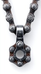 Close-up view of a metal bicycle chain highlighting its detailed links and connector in natural light