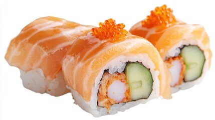 Delicious sushi rolls topped with salmon and orange roe caviar