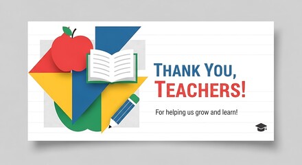 Thank you teachers card with apple book pencil and graduation cap on a white background design