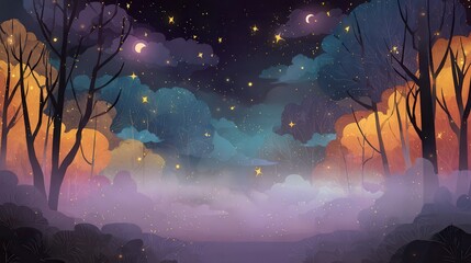 Fototapeta premium Pixel Art Night Forest Scene with Magical Glow