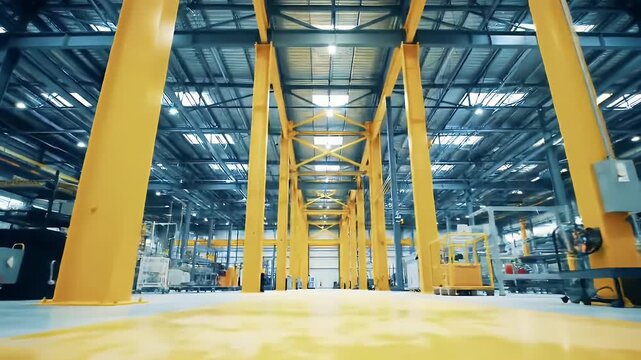 Interior of Industrial Facility Featuring Yellow Beams and Concrete Floor Optimized for Adobe Stock