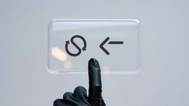 Conceptual Digital Interface A Finger About to Interact with a Transparent Button Featuring a Refresh Icon and a Back Arrow Against a Clean Background for Modern Technology Concepts