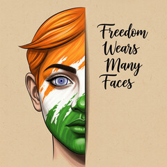 Freedom Wears Many Faces – Tricolor Artistic Portrait with Ashoka Chakra Eye and Calligraphy Typography
