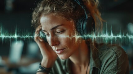 Remote worker with waveform display floating above ear, sound-cancellation zones automatically update as vacuum and traffic noise shift dynamically in background