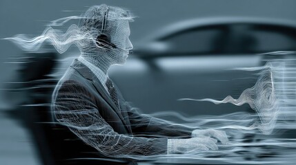 Remote worker with waveform display floating above ear, sound-cancellation zones automatically update as vacuum and traffic noise shift dynamically in background