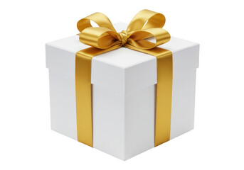 A white gift box with a gold ribbon and bow, isolated on transparent background
