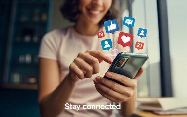 Woman Smiling While Using Smartphone with Social Media Icons Floating Around technology communication
