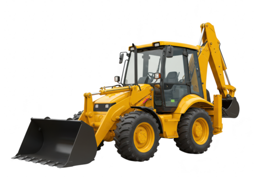 Yellow backhoe loader construction equipment isolated on transparent background