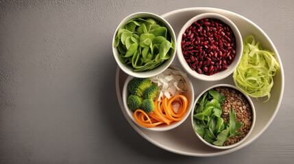 Obraz premium Fresh vegetable salad bowl with kidney bean, lentil, carrot, broccoli, leafy green, coconut, healthy organic meal