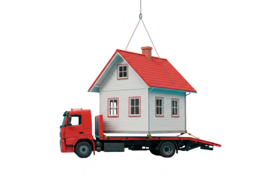 Red truck transporting a house with a red roof, lifted by a crane, isolated on transparent background - Powered by Adobe