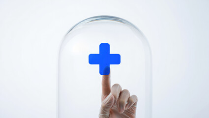 Obraz premium Conceptual Protection of Health with a Blue Cross Under a Glass Dome on a White Background Representing Healthcare Safety and Medical Security in a Clean Environment