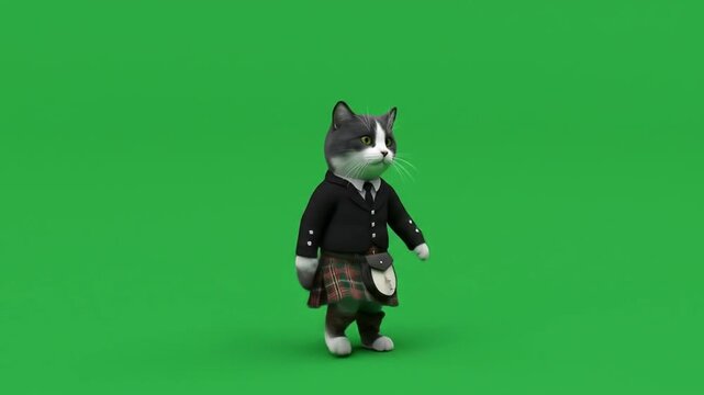 Animated Cat in Traditional Scottish Kilt Costume Standing Confidently Against Bright Green Screen