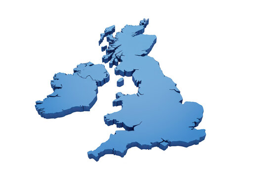 3d blue map of the united kingdom and ireland isolated on transparent background