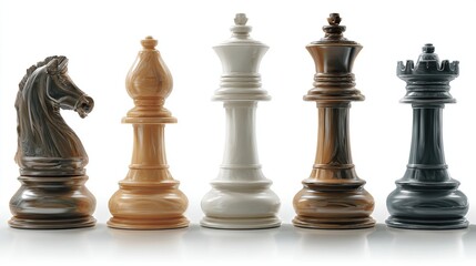 Chess pieces in a row knight, bishop, king, queen, and rook on white background