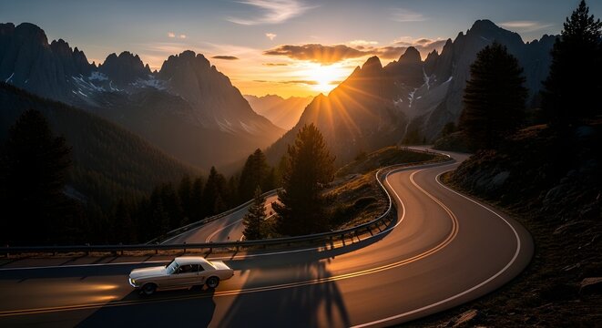 Vintage car cruises scenic mountain road at golden hour sunset - Powered by Adobe