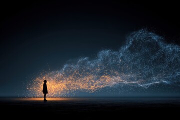 Fototapeta premium Silhouetted Woman Witnessing Celestial Spark Stream at Night