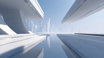 Obraz premium Futuristic city skyline reflecting in water