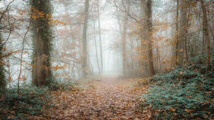 Obraz premium Foggy forest path in autumn.